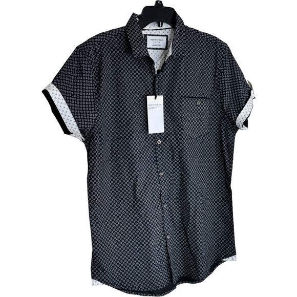 Paperdenim & Cloth Slim Fit Shirt XL Black White Geometric Short Sleeve NWT - Picture 5 of 16
